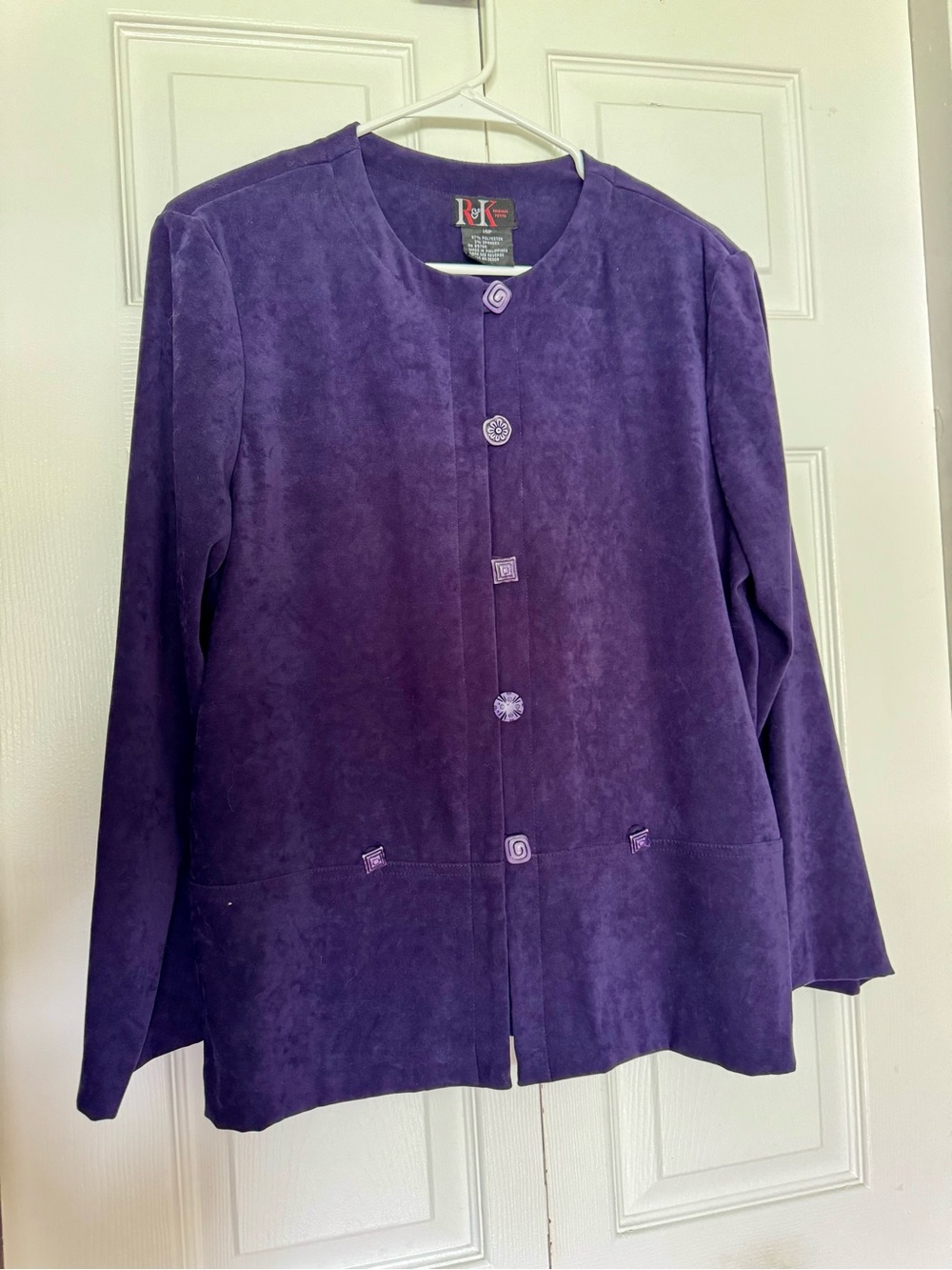 R&K Original Vintage Faux-suede Jacket-Deep Purple with decorative buttons. 14P